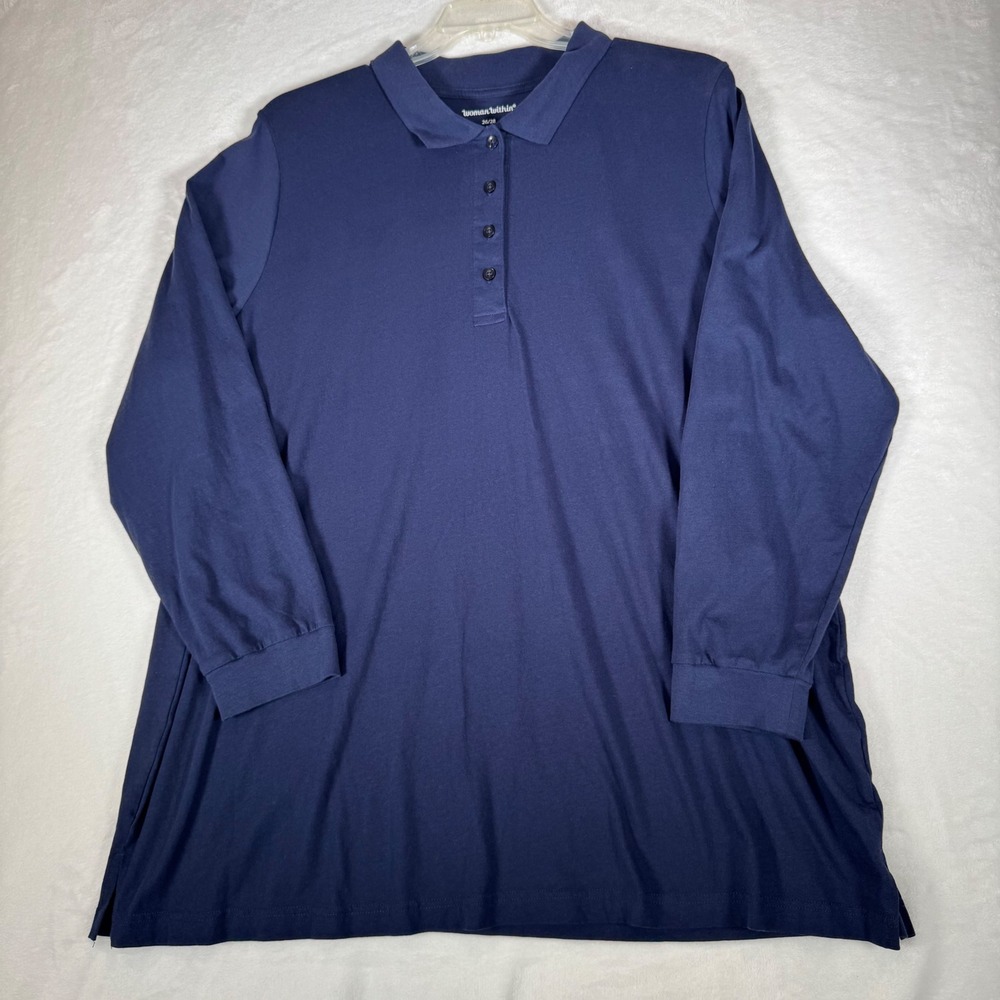 Woman Within Navy‎ Blue Long Sleeve Polo Shirt Tunic 100% Cotton 2X 26/28 - Picture 2 of 9